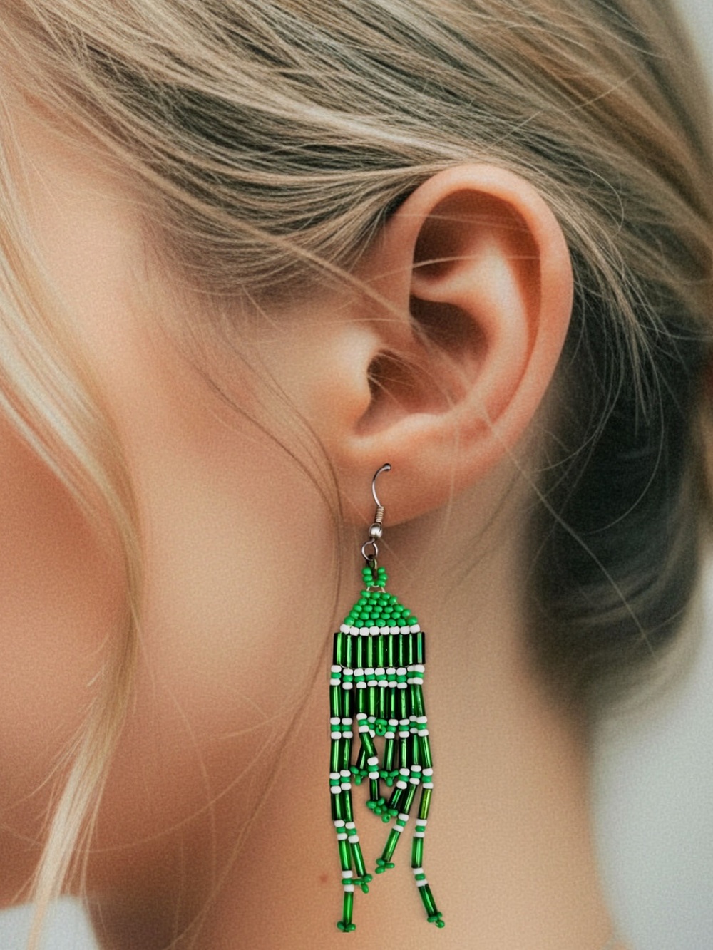 Green Beaded Fringe Earrings - Vintage 90s Earrings